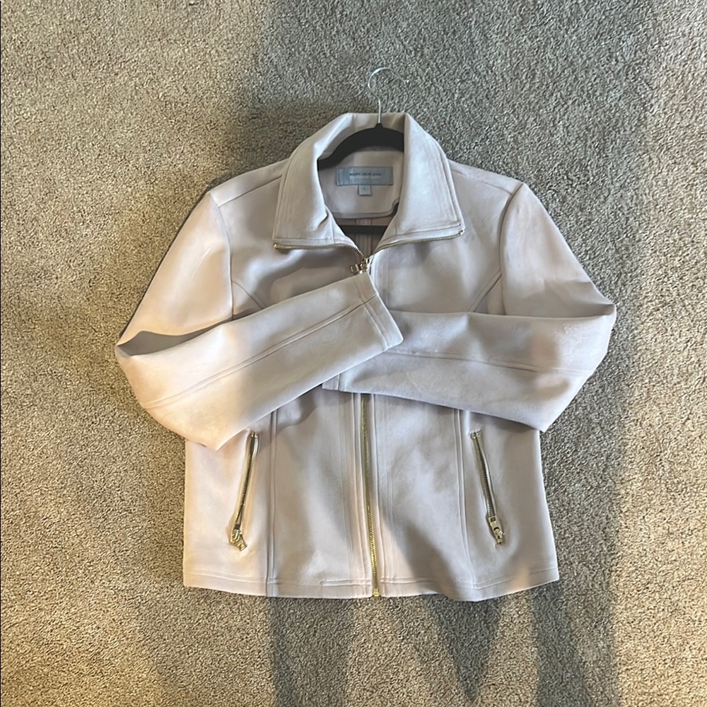 Cream Suede Jacket with Gold Zippers